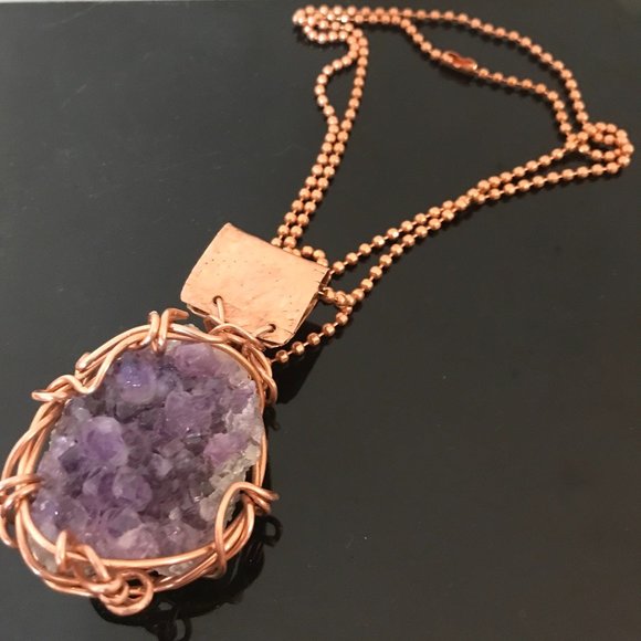 Genuine Amethyst Druzy Drusy Pendant Solid Pure Copper Necklace Natural Mens - Picture 4 of 8
